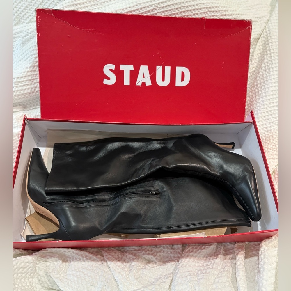 STAUD Black Women's real leather Boots 41 knee high boots square pointy toe - Picture 2 of 12